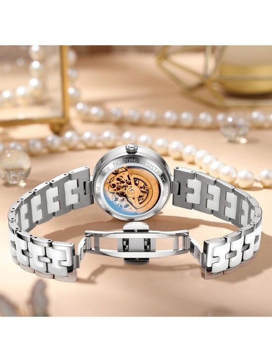 Women\'s Silver Automatic Elegant Luxury Ceramic Strap Self Winding Wrist Watch
